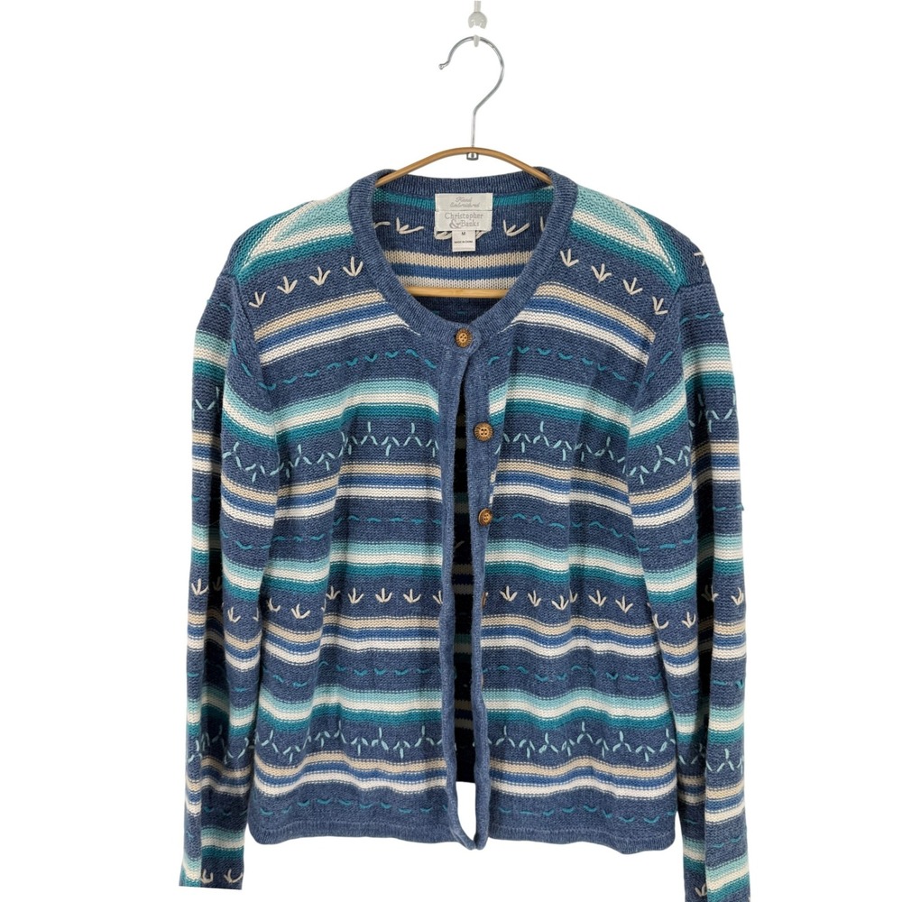Christopher & Banks Vintage Cardigan Striped Embroidered Knit Medium Coastal